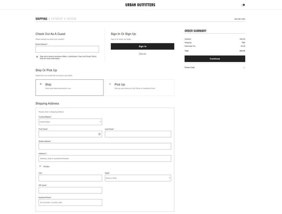 Urban Outfitters checkout process