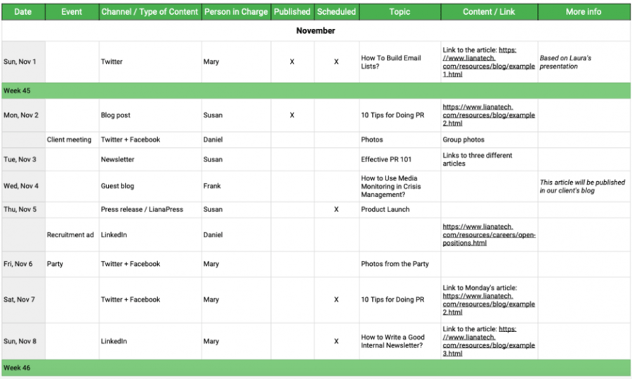 Content calendar